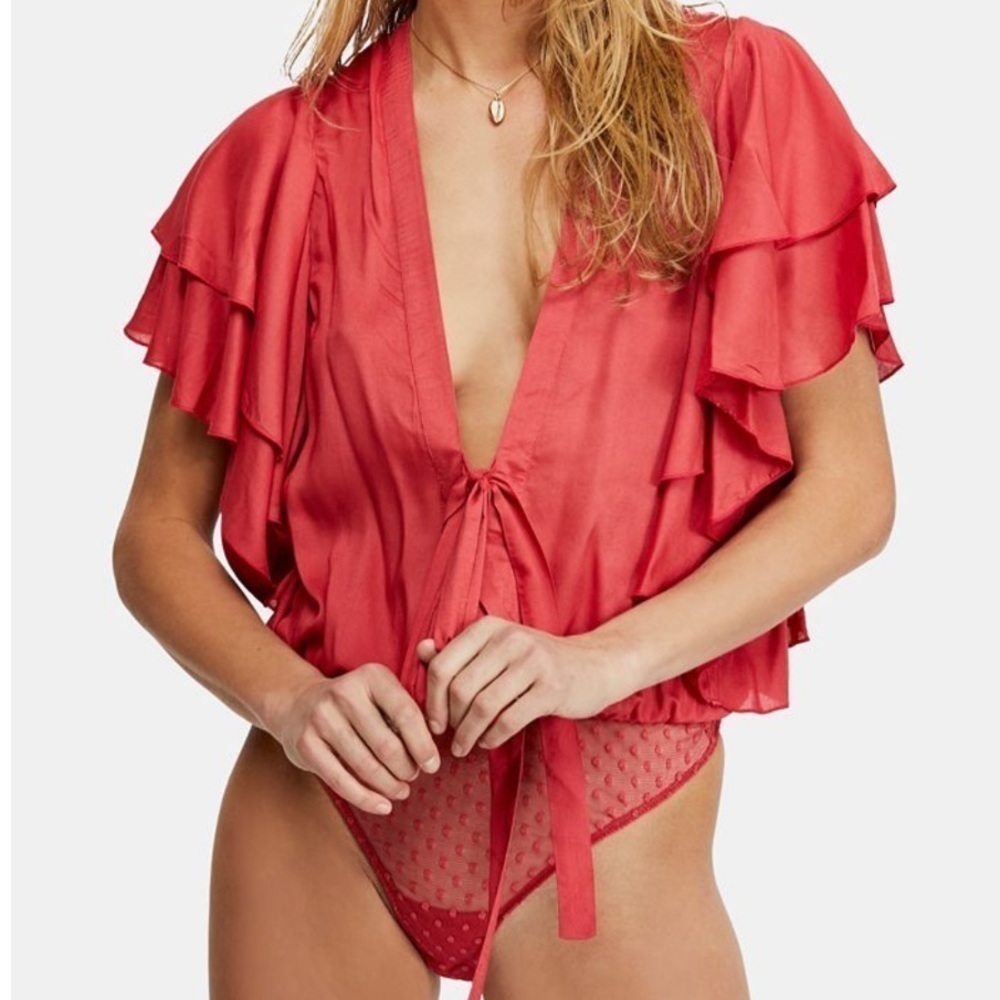 Free People Intimately Size XS Call Me Later Ruffle Sleeve Plunging Bodysuit Top